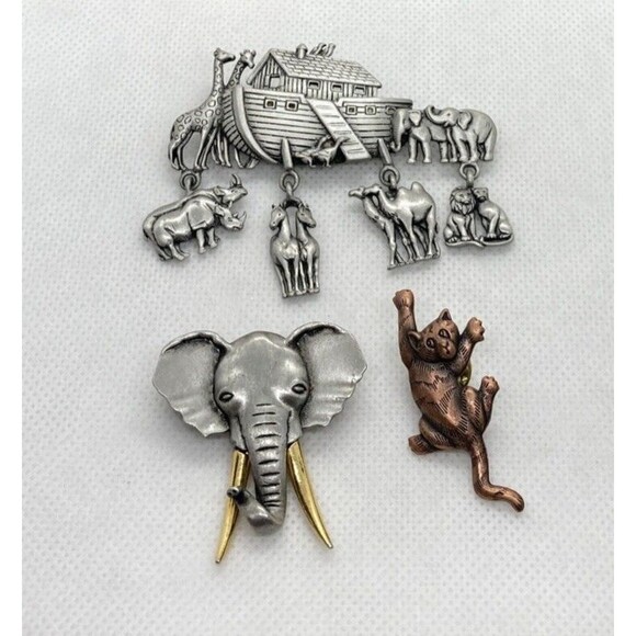 Vintage‎ JJ Signed Lot of (3) Silver Tone Pin Brooch Noah's Ark Elephant Cat - Picture 1 of 14
